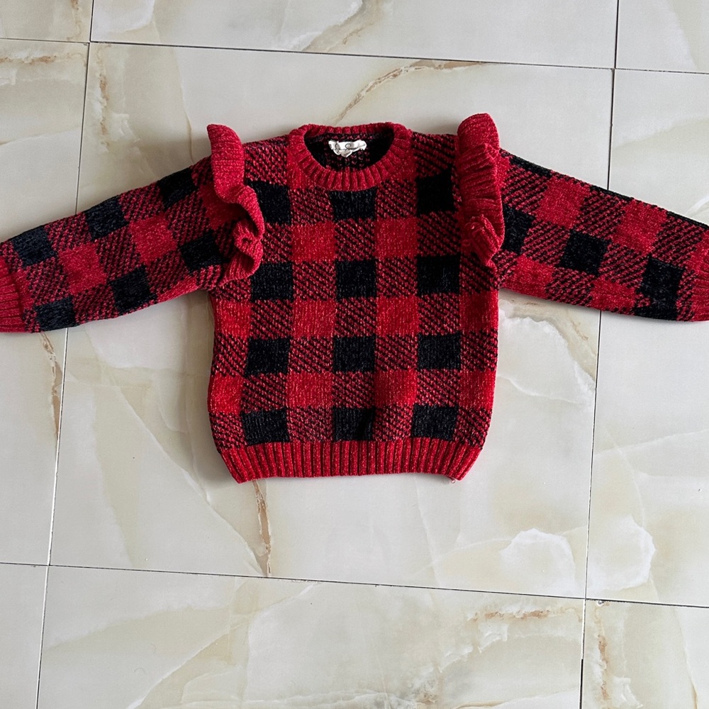 Jessica Simpson Red and Black Plaid Sweater with Ruffle Sleeves